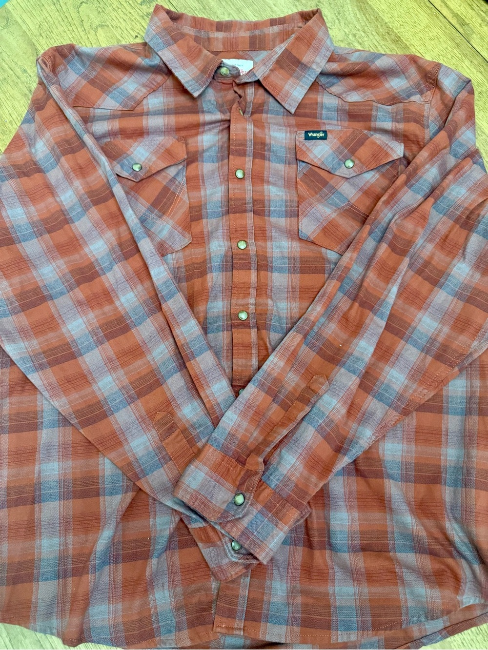 Wrangler Men's Rust and Light Blue Plaid Button-Down Shirt